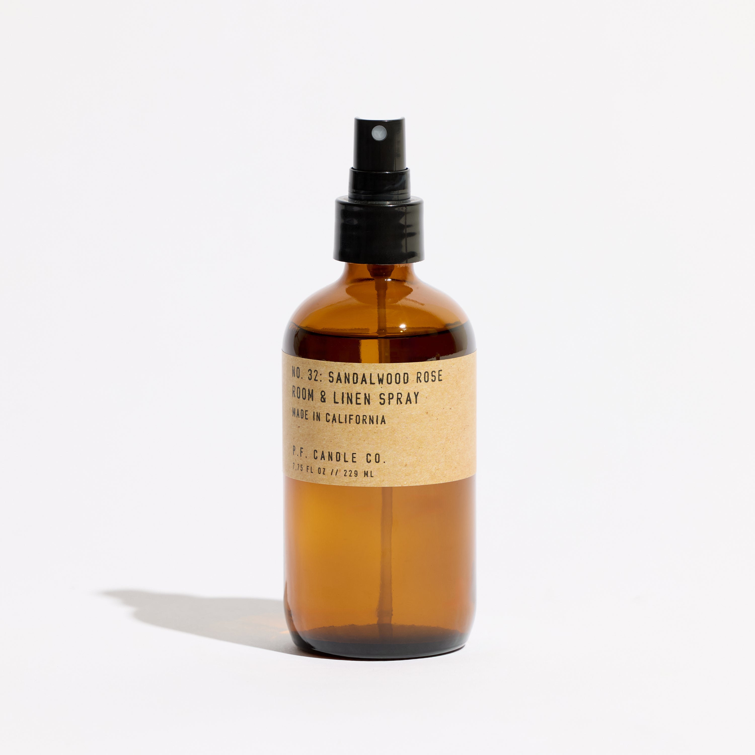 pf candle co no. 32 sandalwood rose linen room spray front profile ecomm product shot